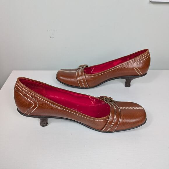 Vintage Y2K Kitten Heel Loafers 7 Brown Buckle Squre Toe Academia Twee Chunky - Picture 8 of 16